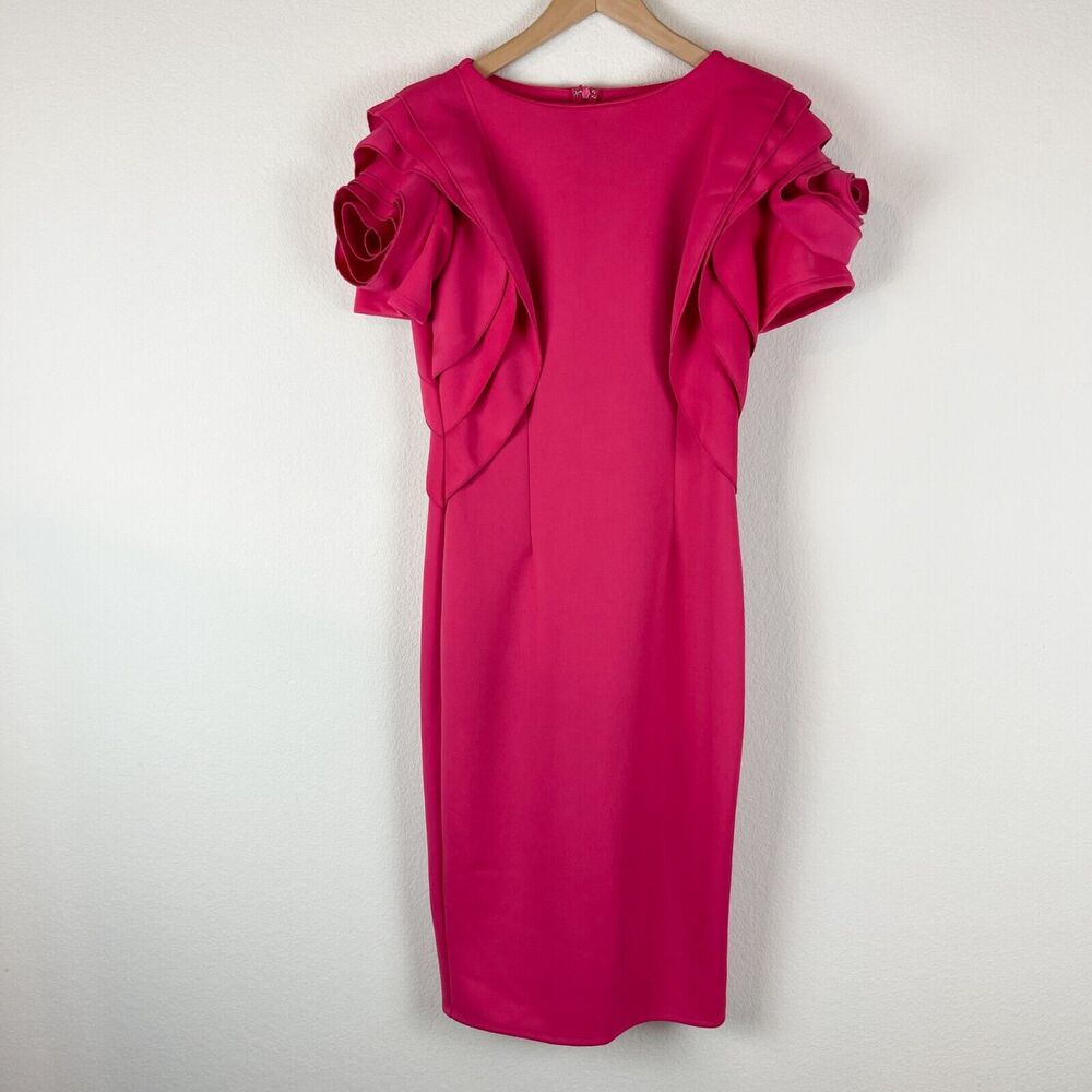 Elegant Pink Puff Flower sleeve Midi Dress - medium
